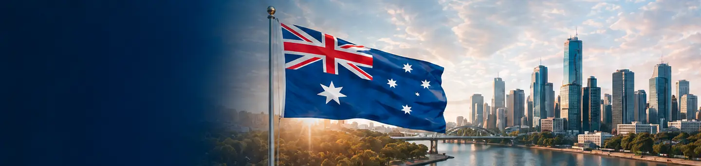 Australian flag overlooking the Brisbane skyline