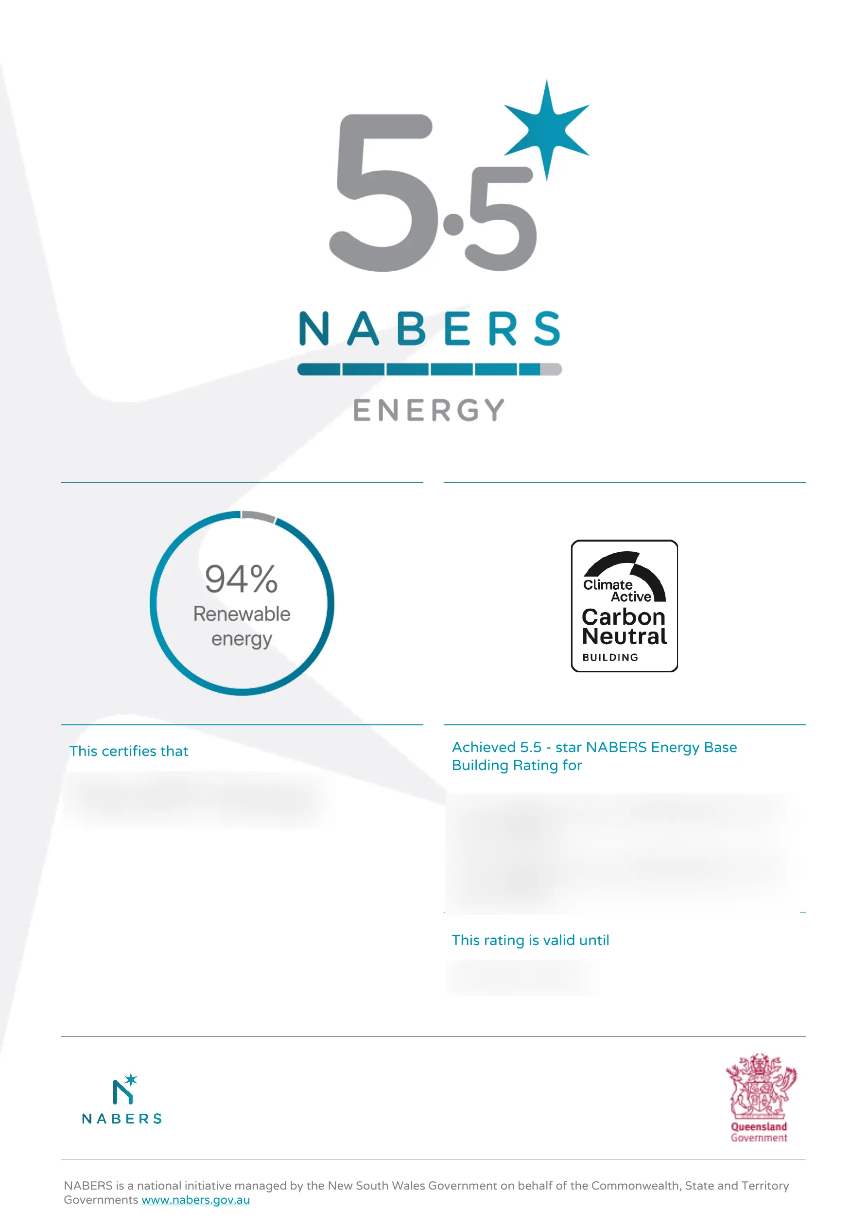 An anonymised NABERS Energy rating certificate showing a 5.5-star rating and 94% renewable energy